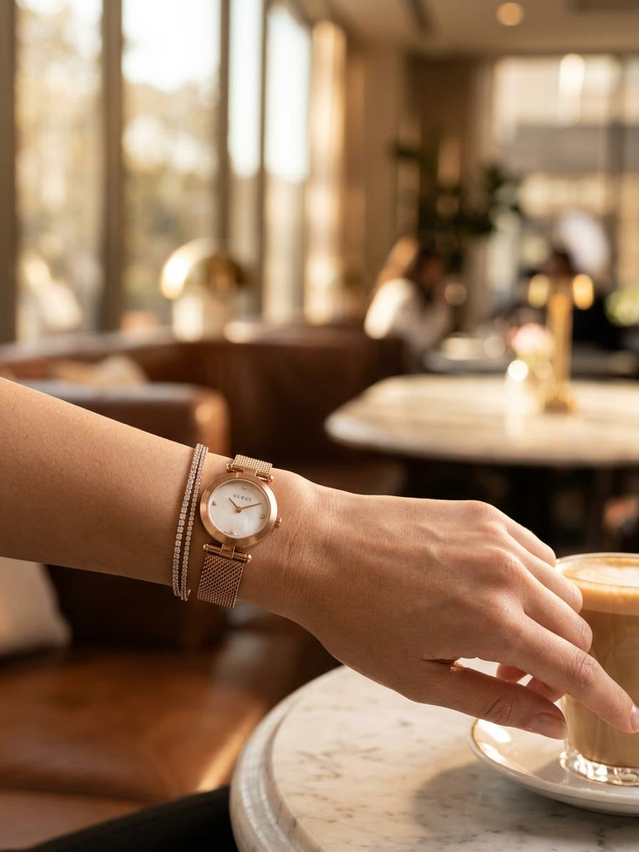 Gucci Diamantissima Damenuhr mit Perlmuttzifferblatt und rosegoldenem Armband - YA141517 (Kopie)