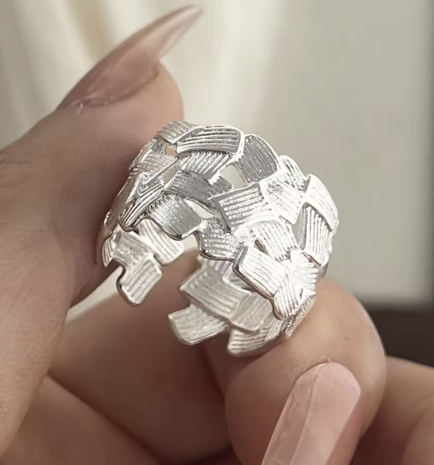 Statement Ring S925 Silber - Breiter Flecht-Ring | Boho Silberring verstellbar | MALASUgrößenverstellbarer Damenring gebürstet, Serling Silber