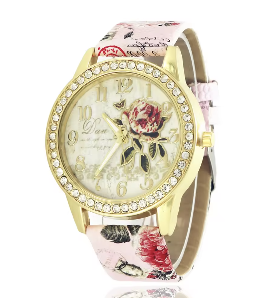 Damenuhr Lederband, Mode Damen Uhren Frauen mit Blumendruck , Uhr Luxus Casual Quarz Leder