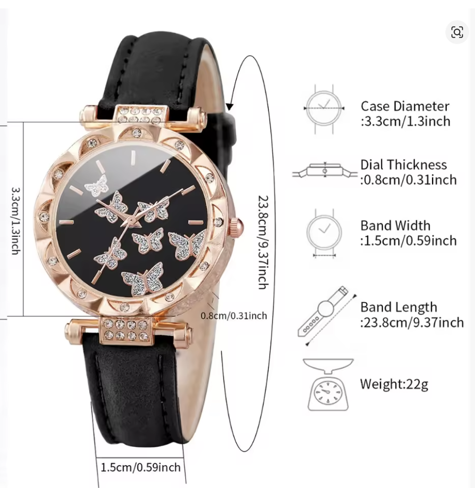 Damenuhr Lederband, Analog Quarzuhr  , Schwarz mit Schmetterlingen in Rose