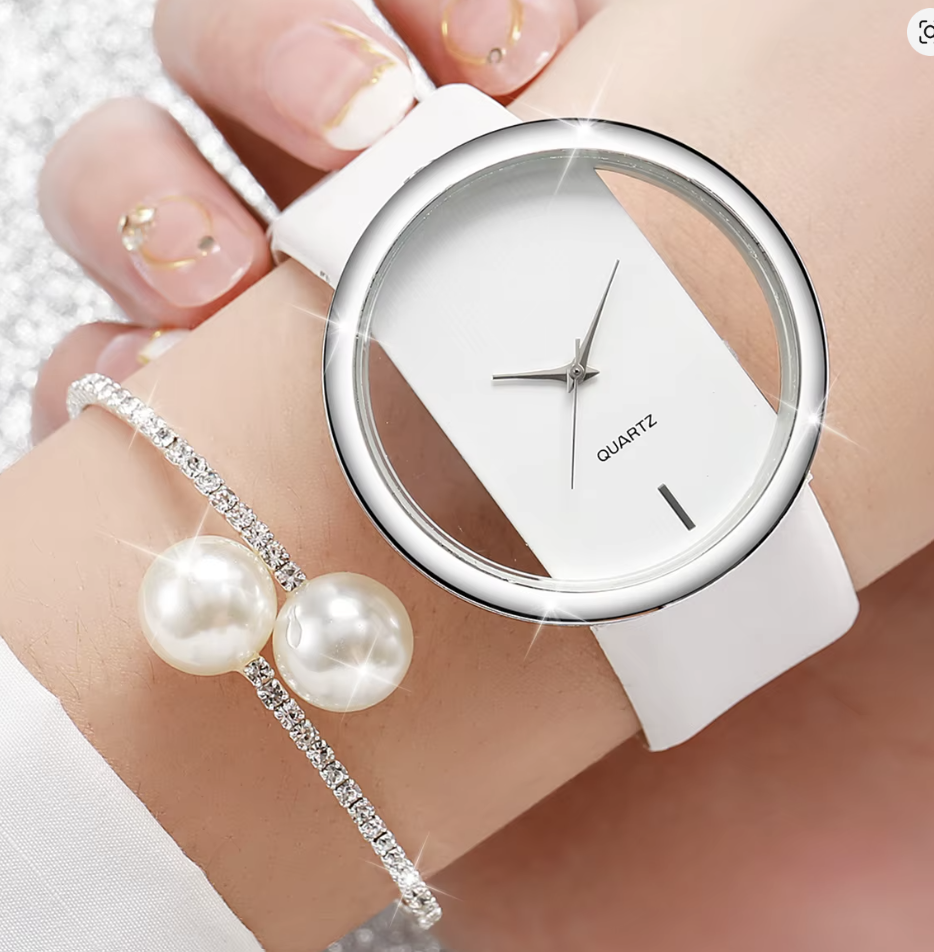 Damenuhr Lederband, Analog Quarzuhr Perlen Armband Set ,  durchsichtig & weiß für Damen