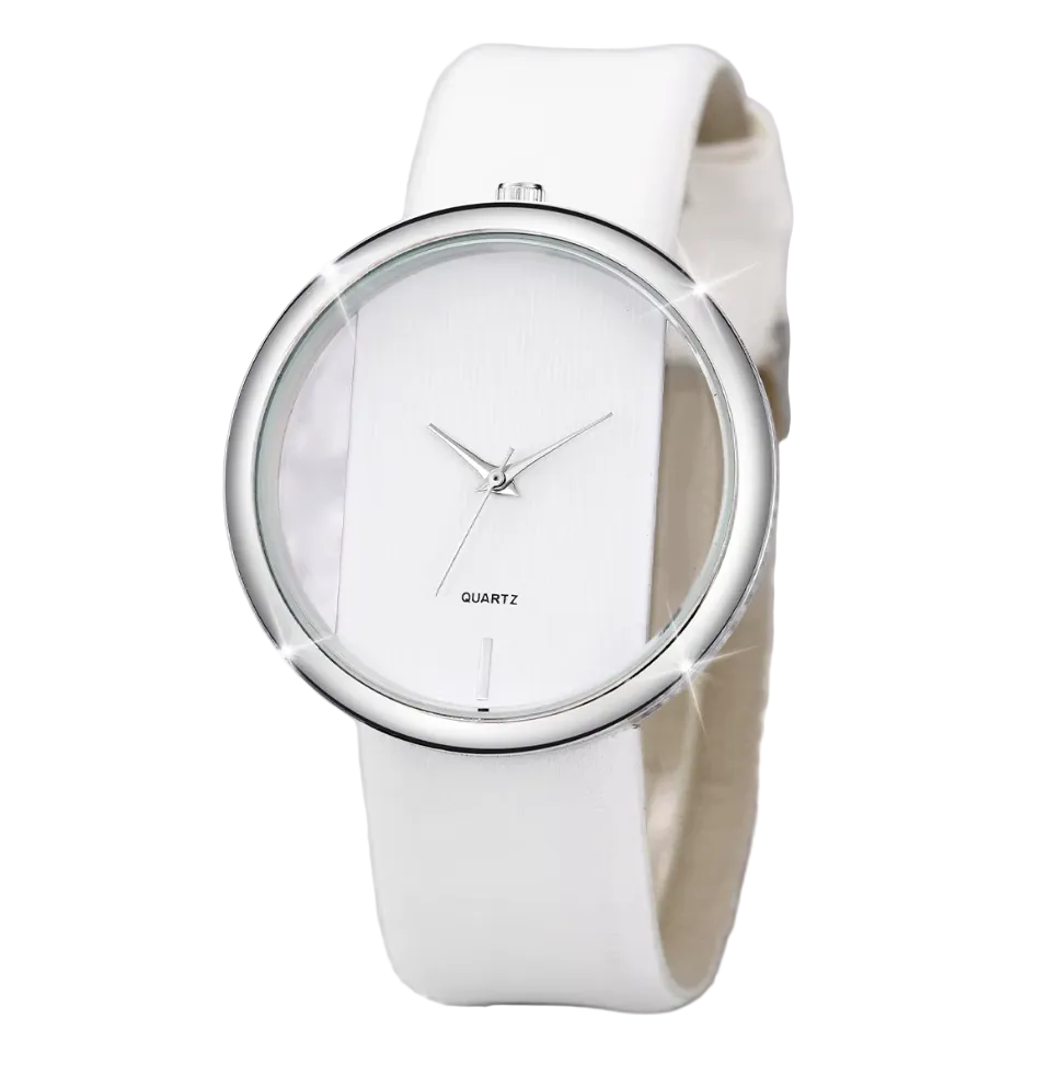 Damenuhr Lederband, Analog Quarzuhr Perlen Armband Set ,  durchsichtig & weiß für Damen