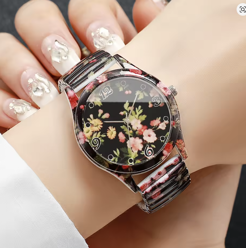 Damen-Quarz-Armbanduhren mit floralem Print und elastischem Zugband, 3 Varianten