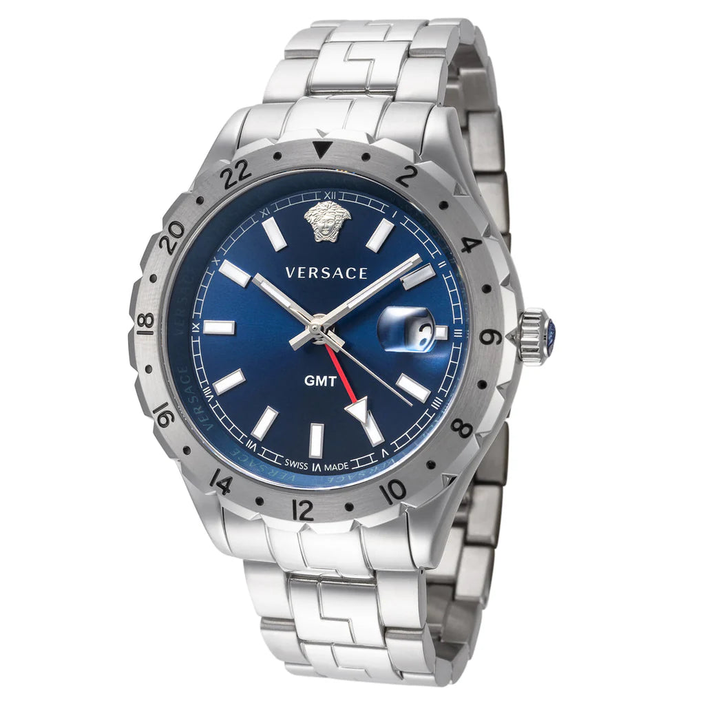 Versace Hellenyium GMT Blau- Silber mit Stahl Band,&nbsp; Herrenuhr – V11010015