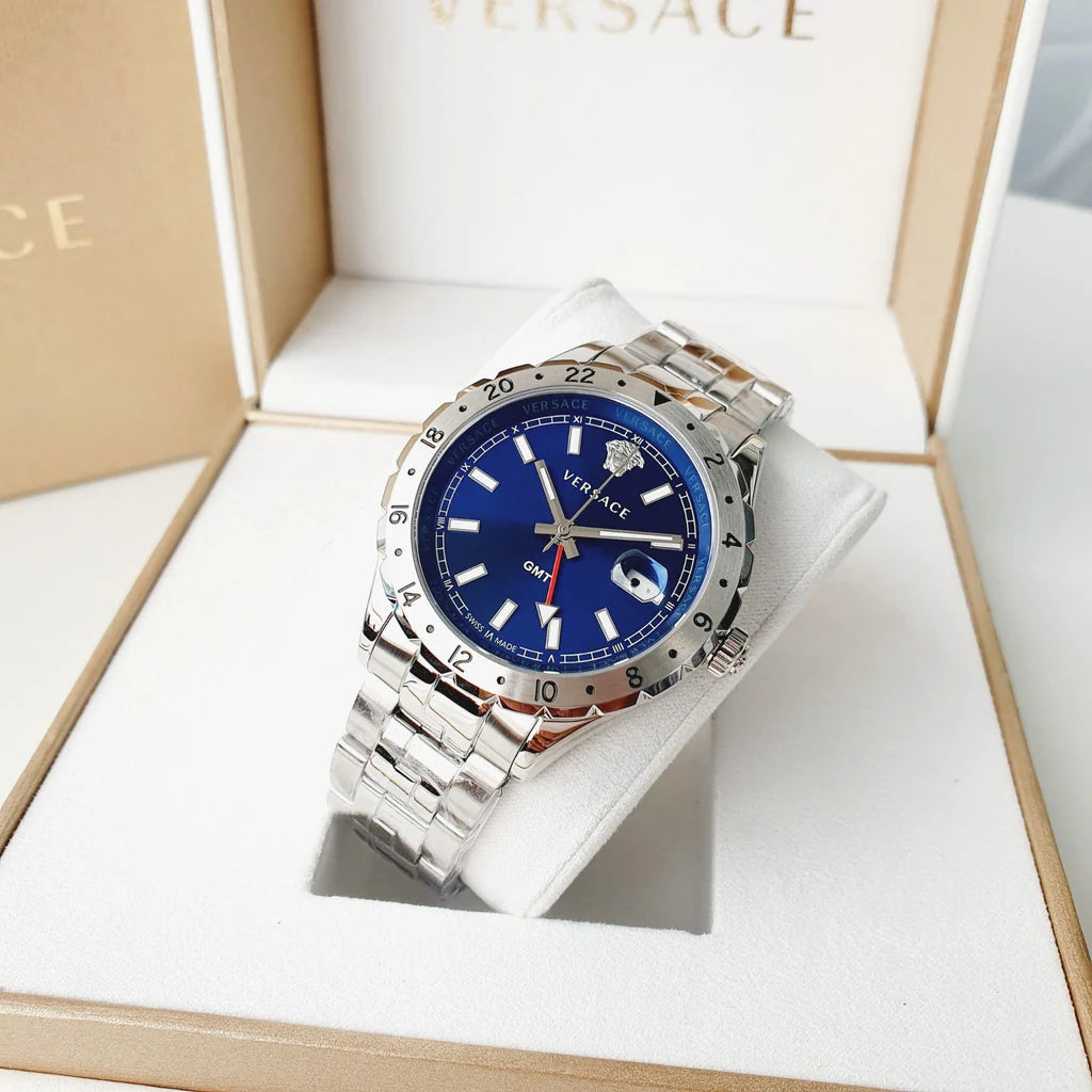 Versace Hellenyium GMT Blau- Silber mit Stahl Band,&nbsp; Herrenuhr – V11010015