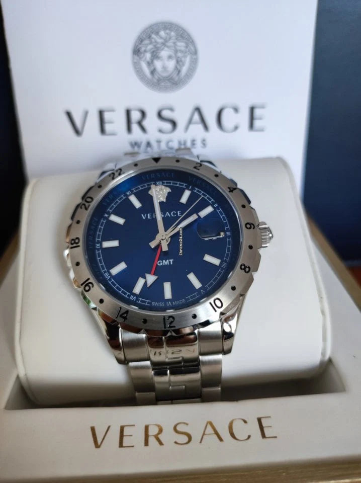 Versace Hellenyium GMT Blau- Silber mit Stahl Band,&nbsp; Herrenuhr – V11010015