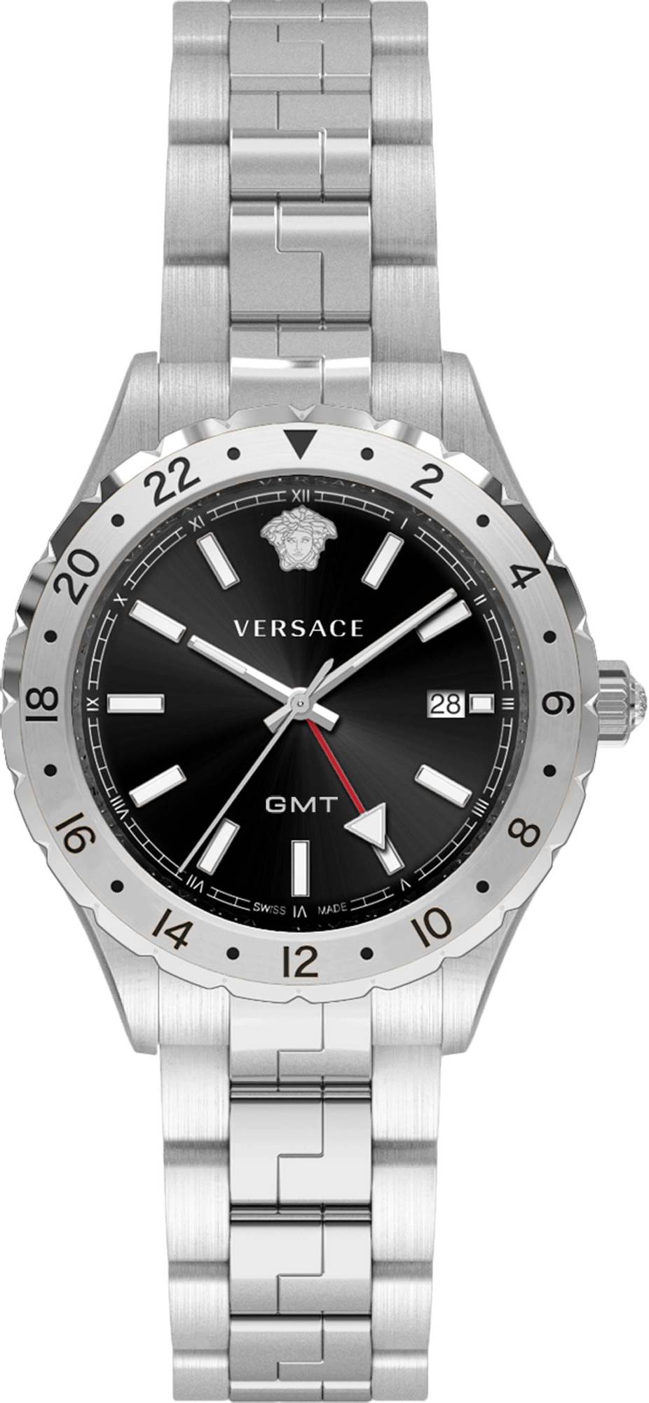 Versace Hellenyium GMT Schwarzes Zifferblatt Silber Metallarmband Herrenuhr – V11020015