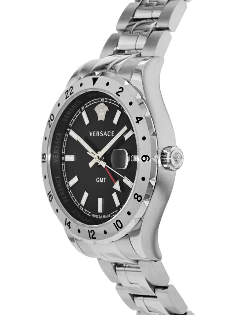 Versace Hellenyium GMT Schwarzes Zifferblatt Silber Metallarmband Herrenuhr – V11020015