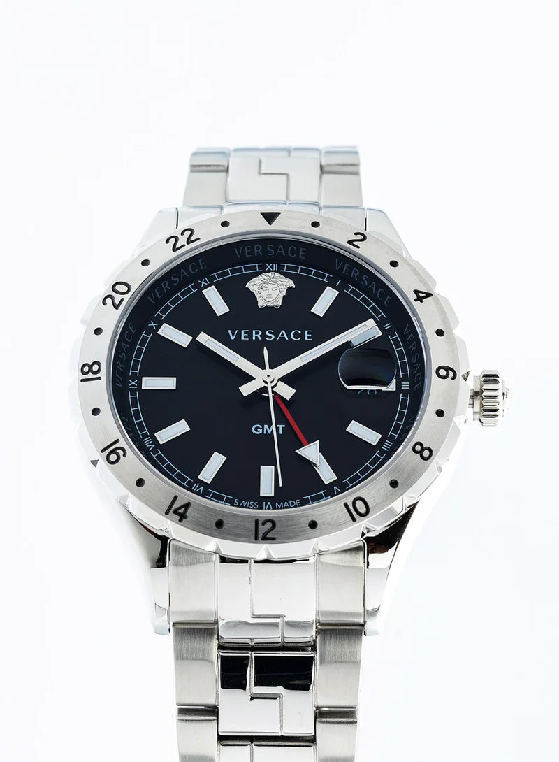 Versace Hellenyium GMT Schwarzes Zifferblatt Silber Metallarmband Herrenuhr – V11020015
