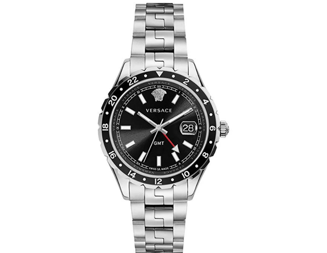 Versace Hellenyium GMT Schwarzes Zifferblatt Silber Metallarmband Herrenuhr – V11020015