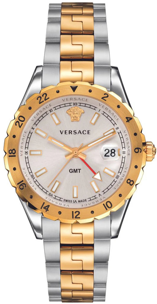 Versace Hellenyium GMT Silberfarbenes Zifferblatt-Zweifarbiges Armband, Uhr für Herren – V11030015