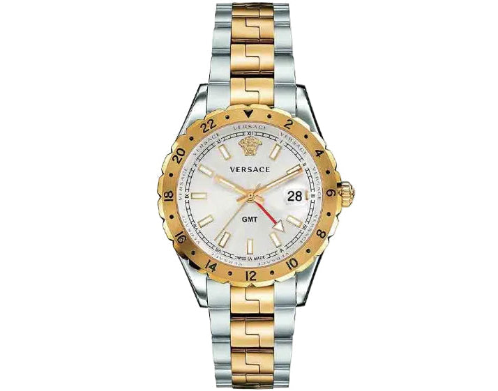Versace Hellenyium GMT Silberfarbenes Zifferblatt-Zweifarbiges Armband, Uhr für Herren – V11030015