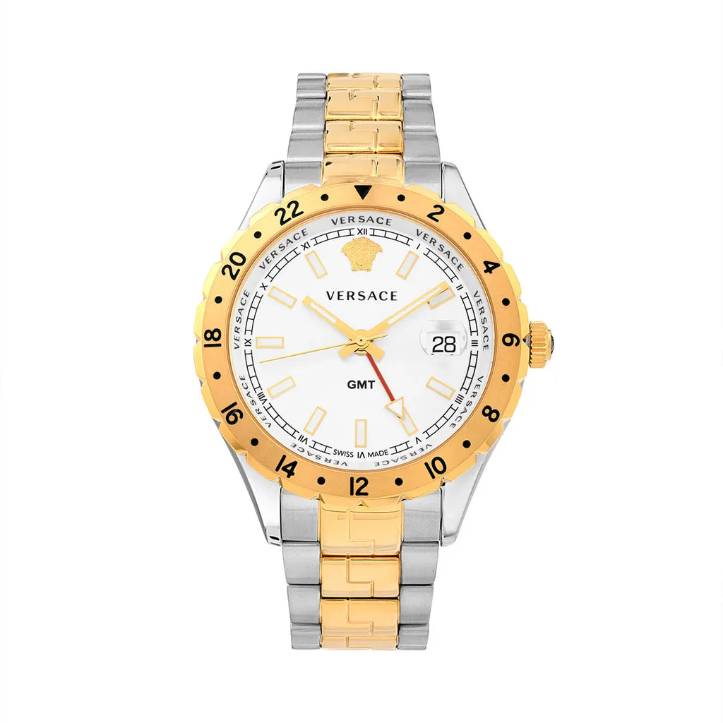 Versace Hellenyium GMT Silberfarbenes Zifferblatt-Zweifarbiges Armband, Uhr für Herren – V11030015