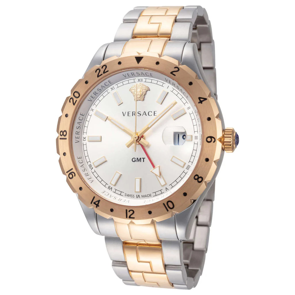 Versace Hellenyium GMT Silberfarbenes Zifferblatt-Zweifarbiges Armband, Uhr für Herren – V11030015