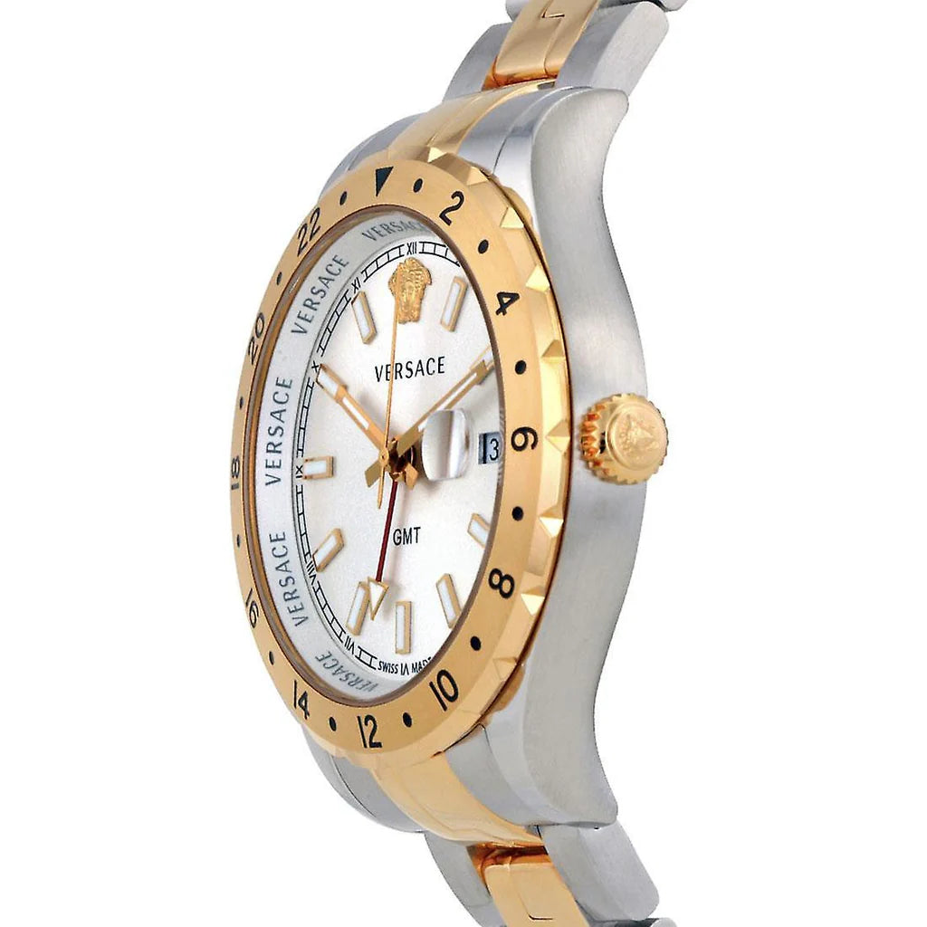 Versace Hellenyium GMT Silberfarbenes Zifferblatt-Zweifarbiges Armband, Uhr für Herren – V11030015