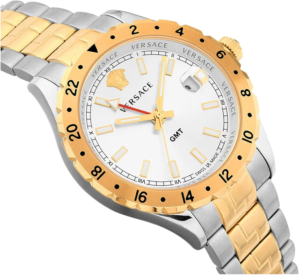 Versace Hellenyium GMT Silberfarbenes Zifferblatt-Zweifarbiges Armband, Uhr für Herren – V11030015