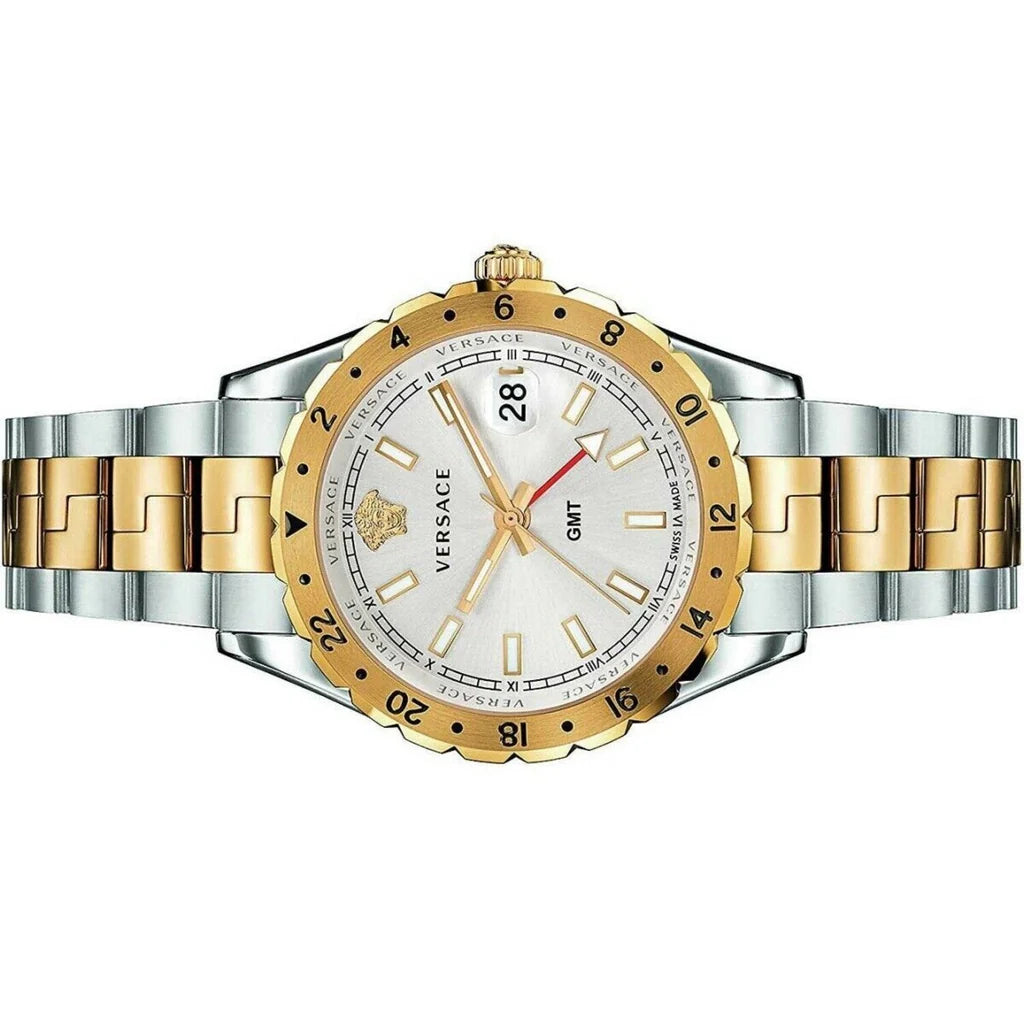 Versace Hellenyium GMT Silberfarbenes Zifferblatt-Zweifarbiges Armband, Uhr für Herren – V11030015