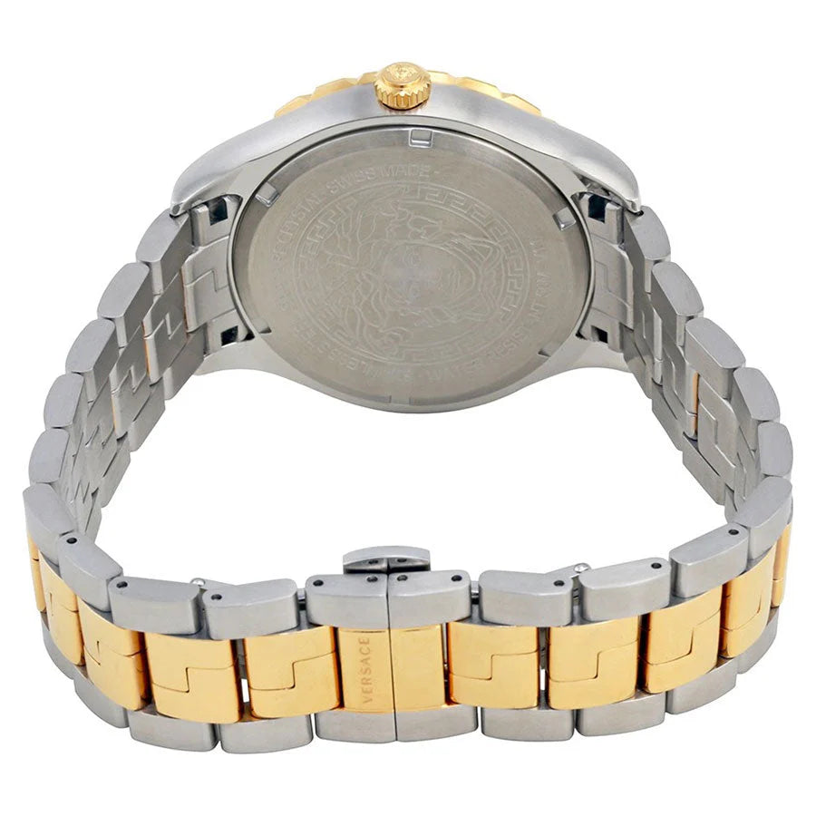 Versace Hellenyium GMT Silberfarbenes Zifferblatt-Zweifarbiges Armband, Uhr für Herren – V11030015