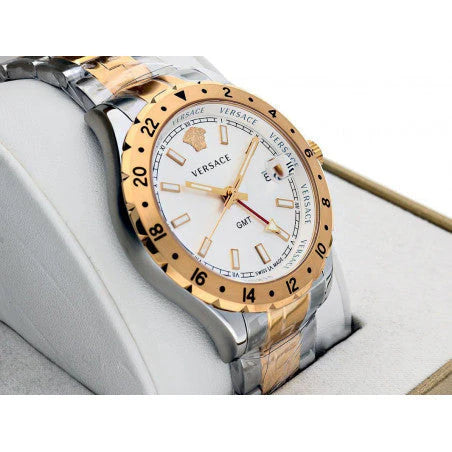 Versace Hellenyium GMT Silberfarbenes Zifferblatt-Zweifarbiges Armband, Uhr für Herren – V11030015
