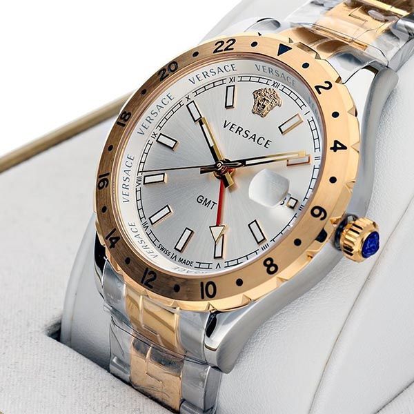Versace Hellenyium GMT Silberfarbenes Zifferblatt-Zweifarbiges Armband, Uhr für Herren – V11030015