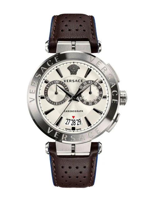 Versace Aion Chronograph Weißes Zifferblatt Grüne Lederarmbanduhr für Herren– VBR010017