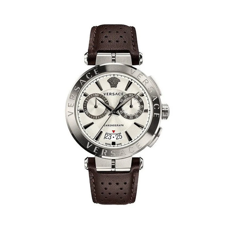 Versace Aion Chronograph Weißes Zifferblatt Grüne Lederarmbanduhr für Herren– VBR010017