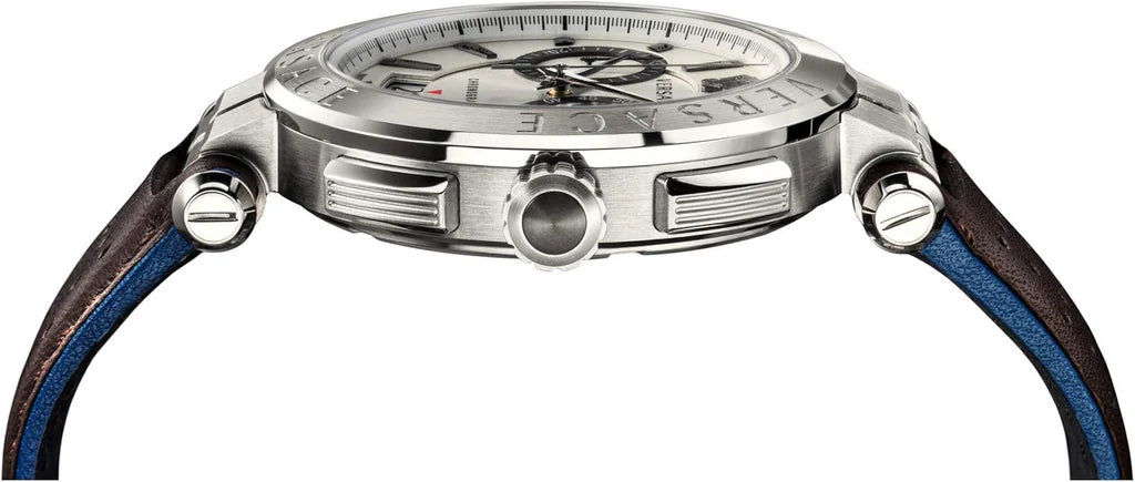 Versace Aion Chronograph Weißes Zifferblatt Grüne Lederarmbanduhr für Herren– VBR010017
