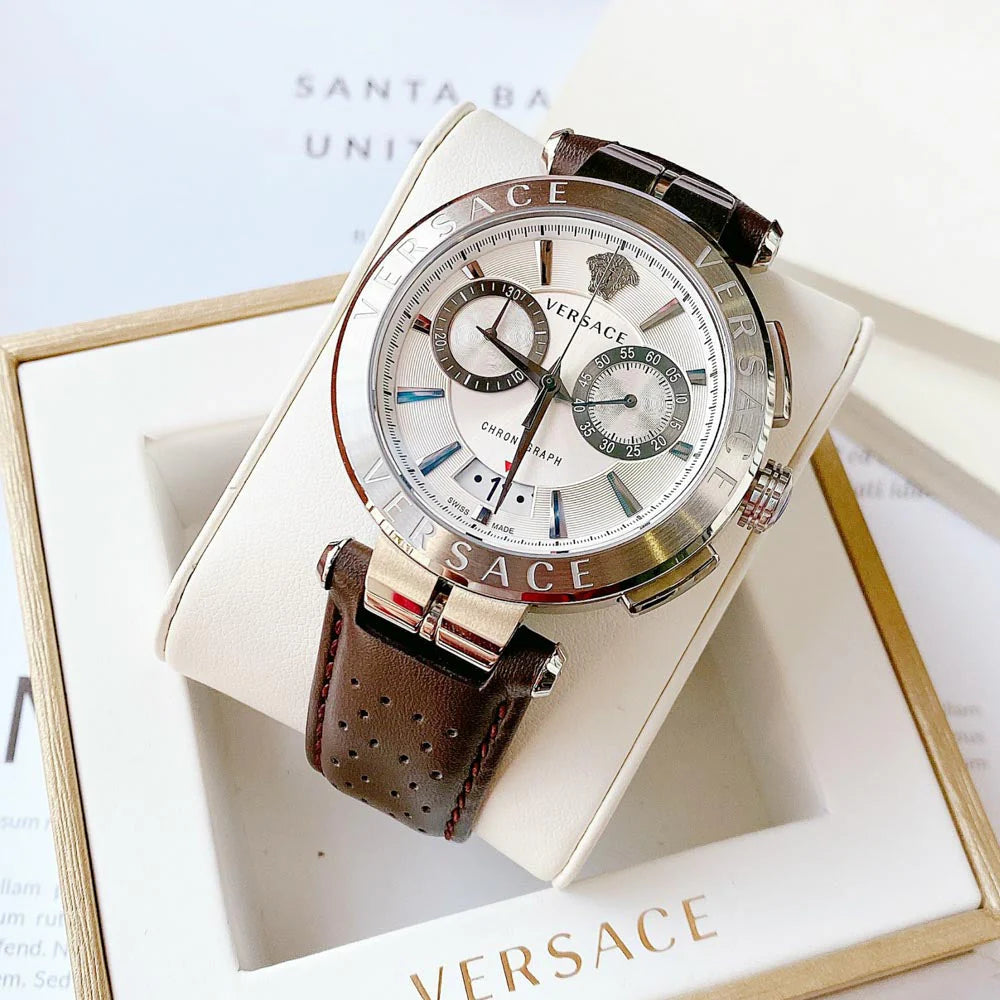 Versace Aion Chronograph Weißes Zifferblatt Grüne Lederarmbanduhr für Herren– VBR010017