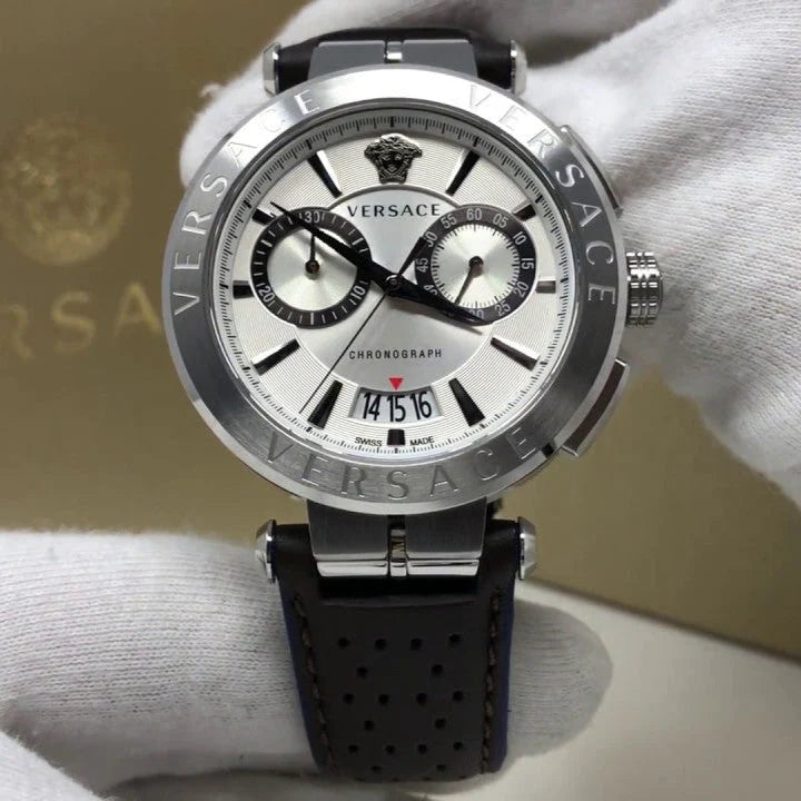 Versace Aion Chronograph Weißes Zifferblatt Grüne Lederarmbanduhr für Herren– VBR010017