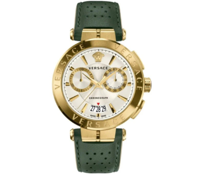 Versace Aion Chronograph Weißes Zifferblatt Grüne Lederarmbanduhr für Herren– VBR020017