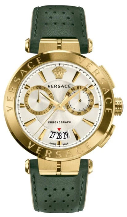 Versace Aion Chronograph Weißes Zifferblatt Grüne Lederarmbanduhr für Herren– VBR020017