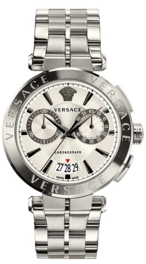 Versace Aion Chronograph Herrenuhr mit weißem Zifferblatt und silbernem Edelstahlarmband - VBR040017