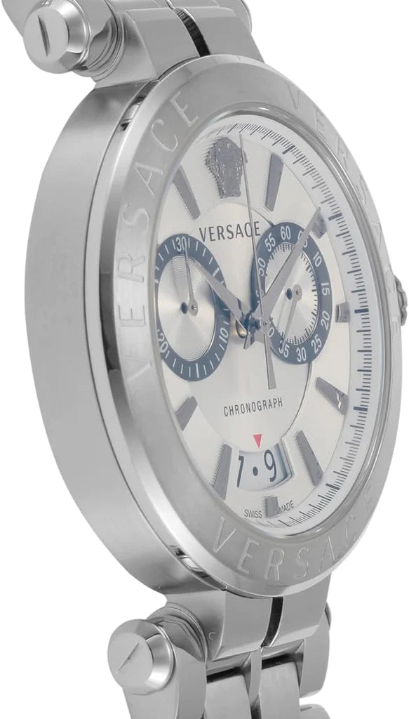 Versace Aion Chronograph Herrenuhr mit weißem Zifferblatt und silbernem Edelstahlarmband - VBR040017