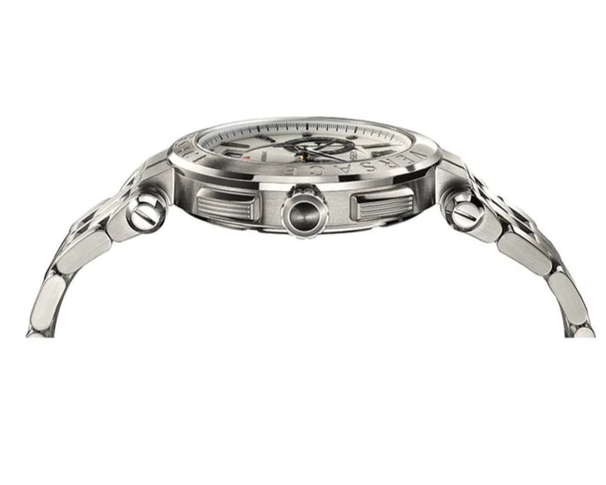 Versace Aion Chronograph Herrenuhr mit weißem Zifferblatt und silbernem Edelstahlarmband - VBR040017