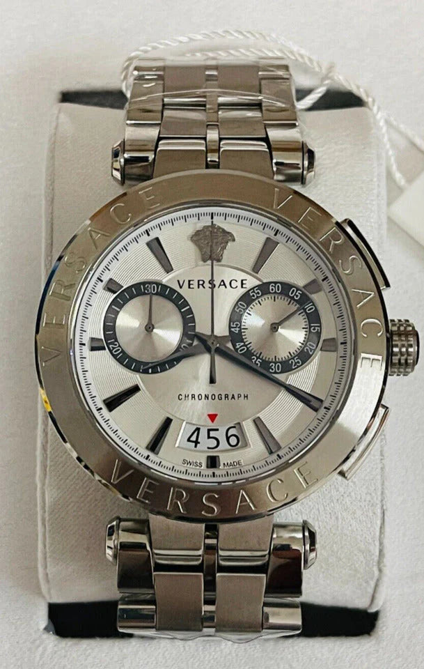 Versace Aion Chronograph Herrenuhr mit weißem Zifferblatt und silbernem Edelstahlarmband - VBR040017