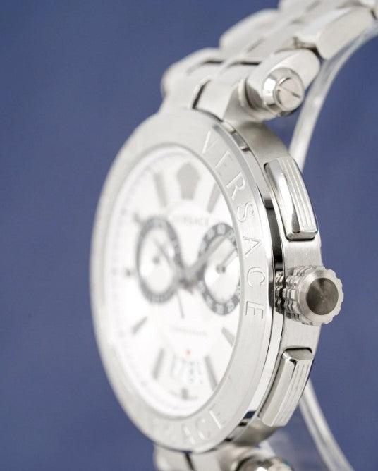 Versace Aion Chronograph Herrenuhr mit weißem Zifferblatt und silbernem Edelstahlarmband - VBR040017
