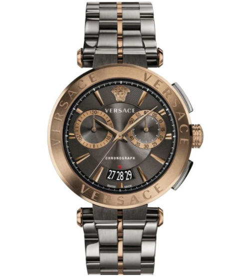 Versace Aion Chronograph mit schwarzem Zifferblatt und grauem Stahlarmband für Herren – VBR050017