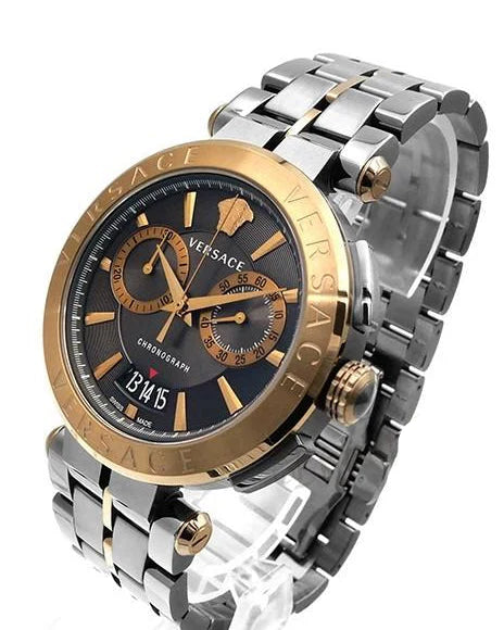 Versace Aion Chronograph mit schwarzem Zifferblatt und grauem Stahlarmband für Herren – VBR050017