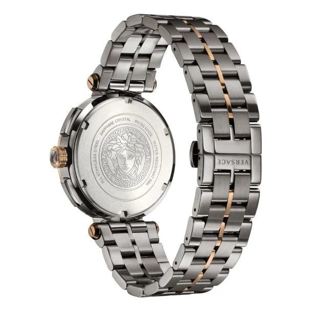 Versace Aion Chronograph mit schwarzem Zifferblatt und grauem Stahlarmband für Herren – VBR050017