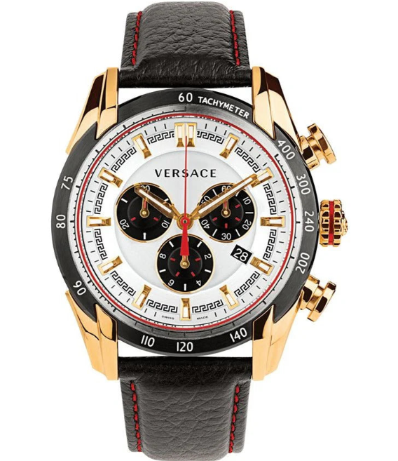 Versace V-Ray Chronograph, weißes Zifferblatt, schwarzes Lederarmband, Uhr für Herren – VDB040014
