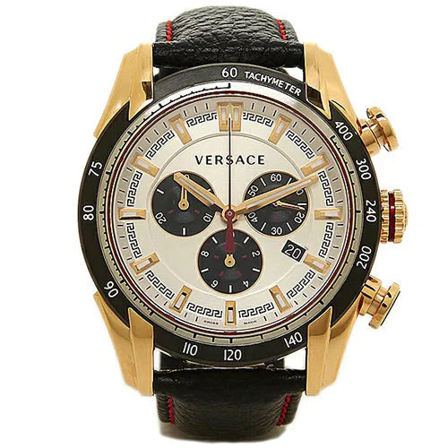 Versace V-Ray Chronograph, weißes Zifferblatt, schwarzes Lederarmband, Uhr für Herren – VDB040014