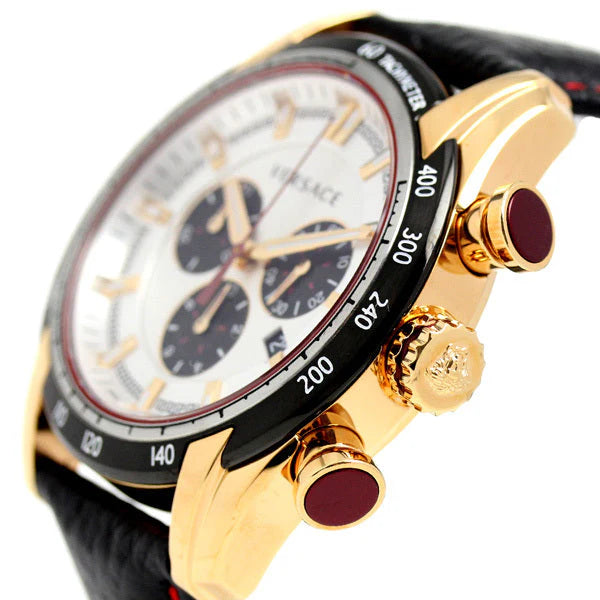 Versace V-Ray Chronograph, weißes Zifferblatt, schwarzes Lederarmband, Uhr für Herren – VDB040014