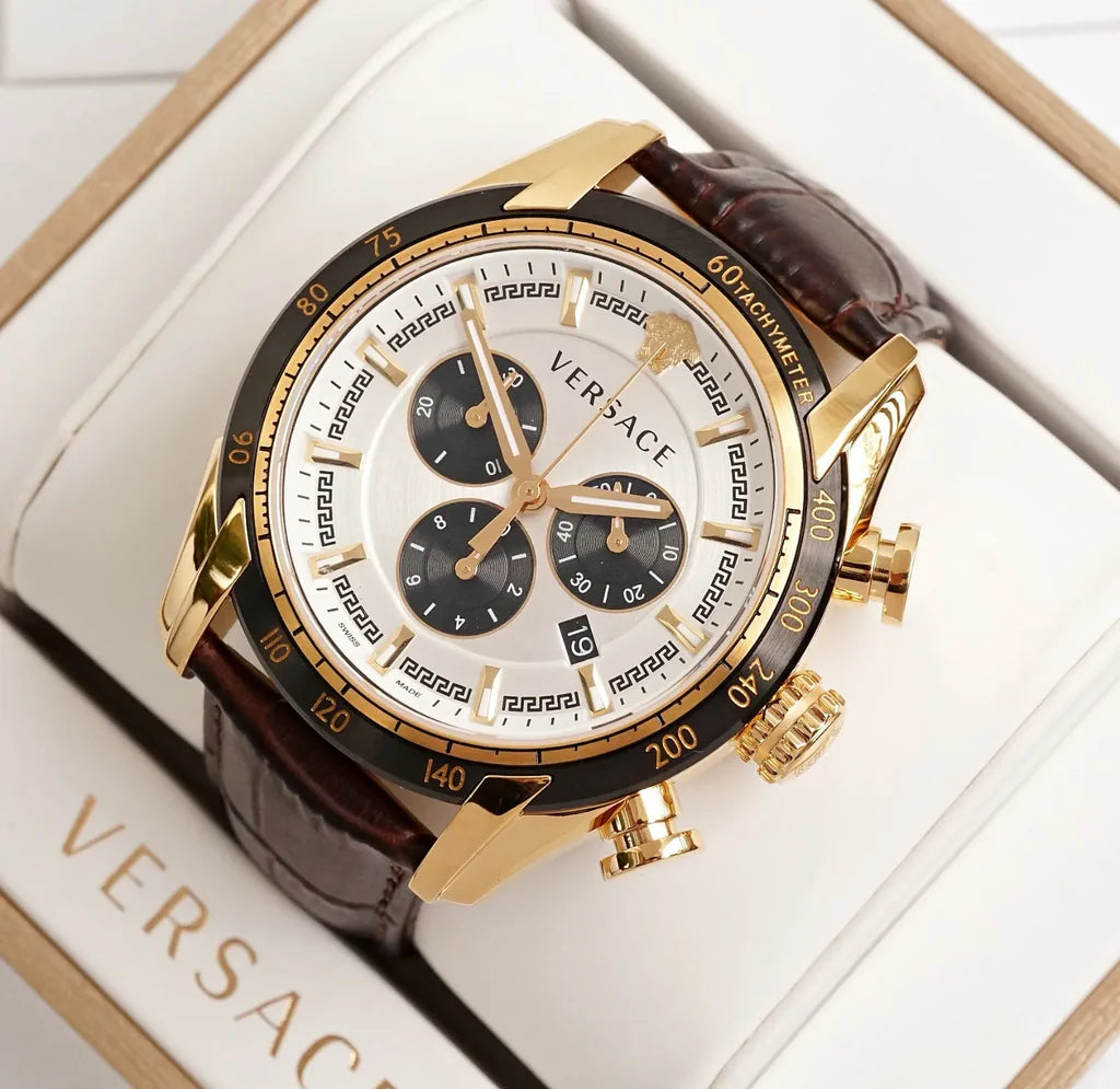 Versace V-Ray Chronograph, weißes Zifferblatt, schwarzes Lederarmband, Uhr für Herren – VDB040014