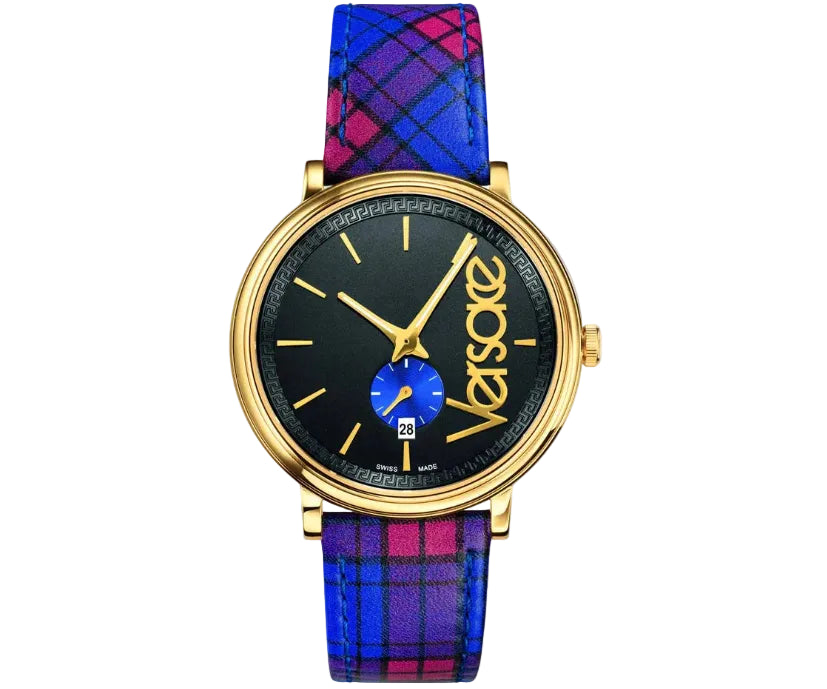 Versace V-Circle The Clans Edition Schwarze Zifferblatt Rot &amp; Blau das&nbsp; Lederarmband, Uhr für Damen - VEBQ00218