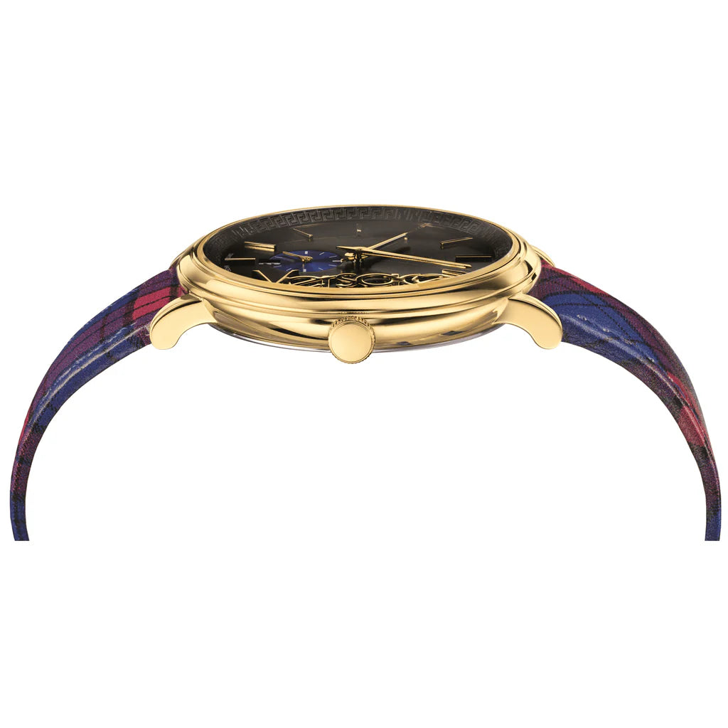 Versace V-Circle The Clans Edition Schwarze Zifferblatt Rot &amp; Blau das&nbsp; Lederarmband, Uhr für Damen - VEBQ00218