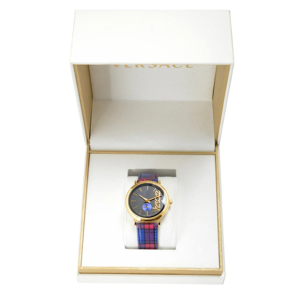 Versace V-Circle The Clans Edition Schwarze Zifferblatt Rot &amp; Blau das&nbsp; Lederarmband, Uhr für Damen - VEBQ00218