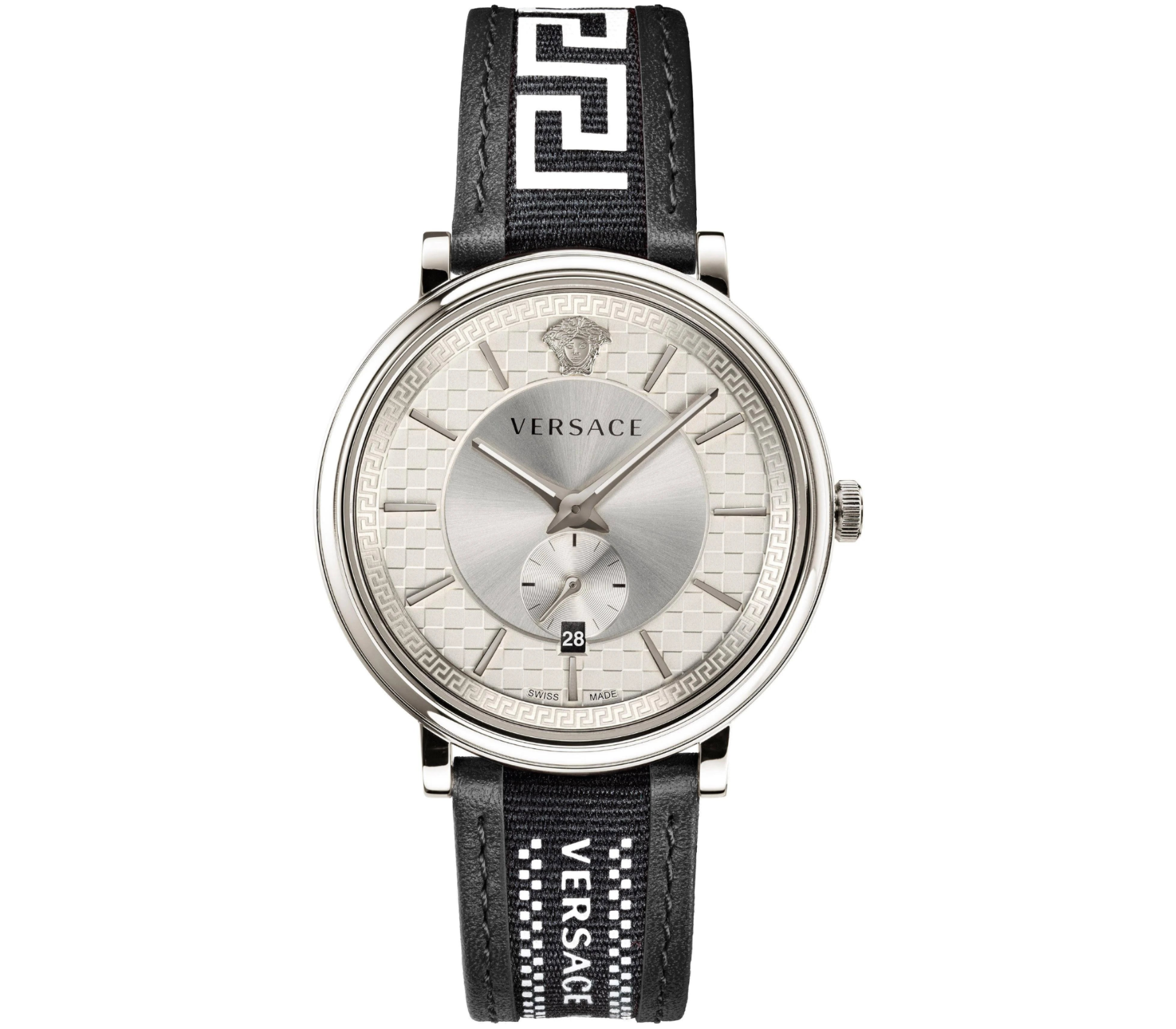 Versace V-Circle Quarzuhr mit hellem Zifferblatt und schwarzem Lederarmband für Herren – VEBQ01219