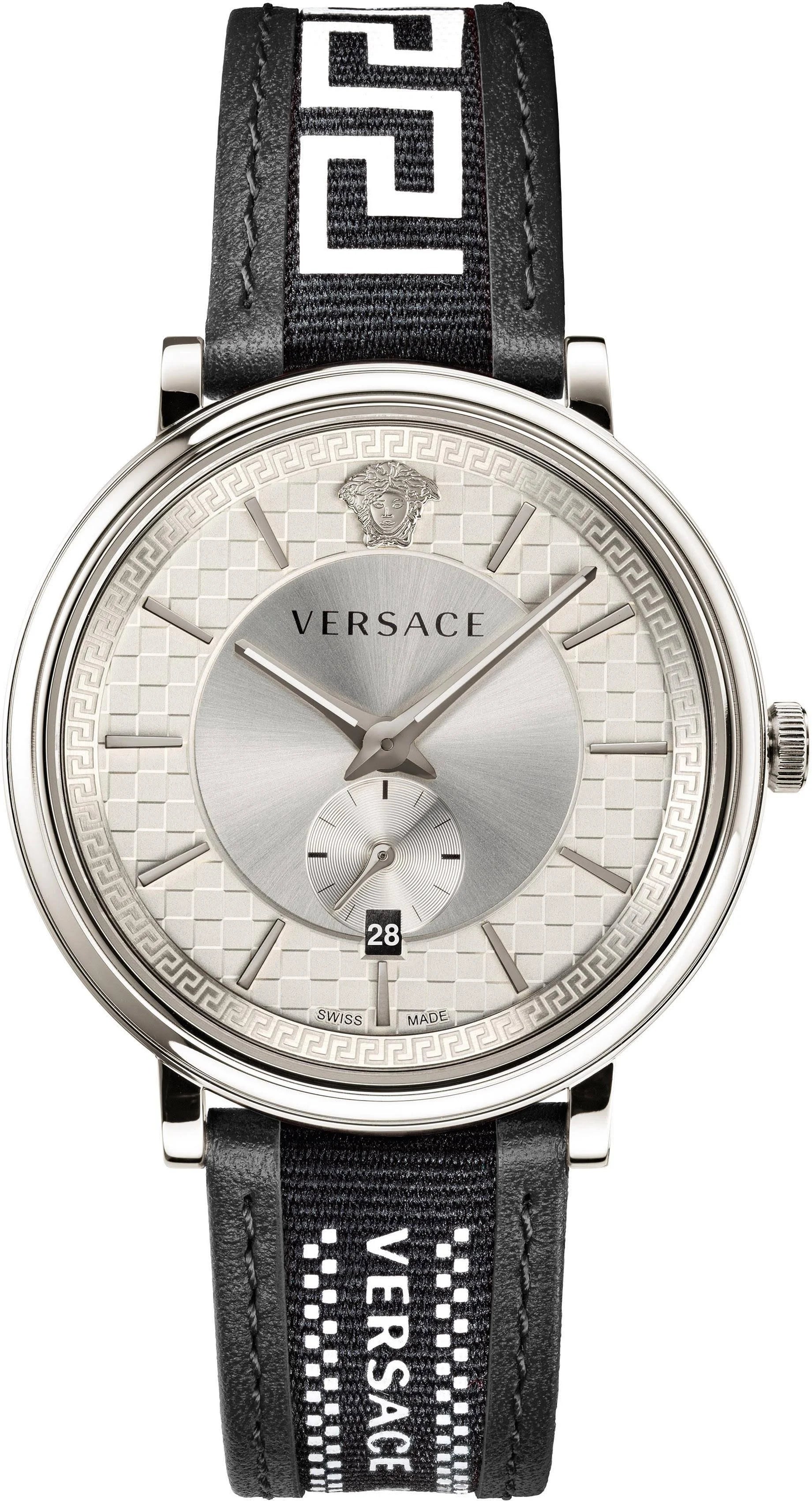 Versace V-Circle Quarzuhr mit hellem Zifferblatt und schwarzem Lederarmband für Herren – VEBQ01219