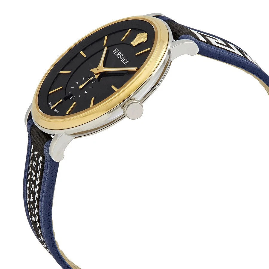 Versace V-Circle Quarzuhr mit schwarzem Zifferblatt und blauem Lederarmband für Herren – VEBQ01419