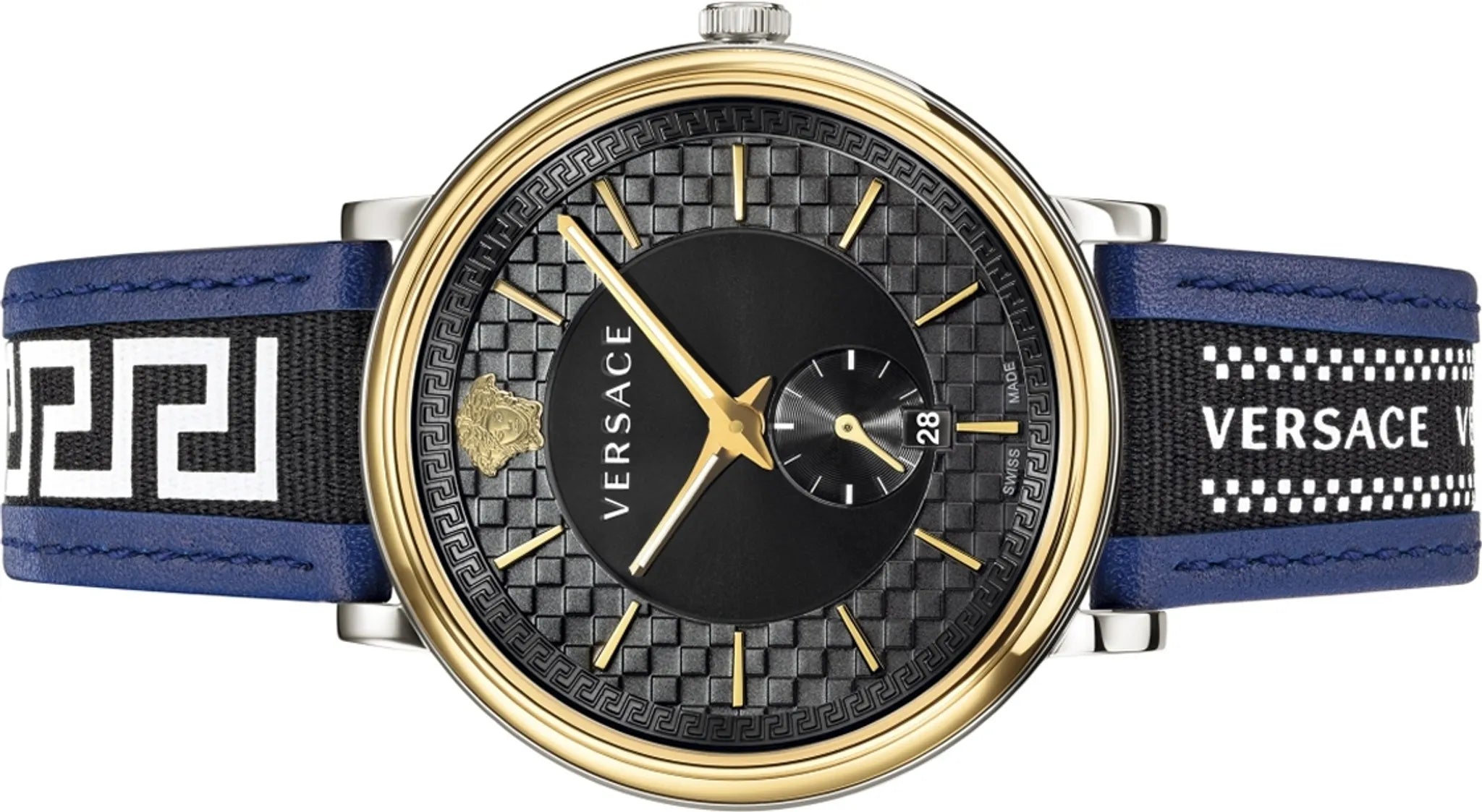 Versace V-Circle Quarzuhr mit schwarzem Zifferblatt und blauem Lederarmband für Herren – VEBQ01419